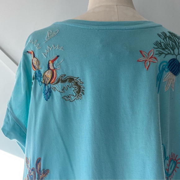 Johnny Was Zoe Relaxed Embroidered Short Sleeve Tee Shirt Blue Green Size L - Picture 9 of 16